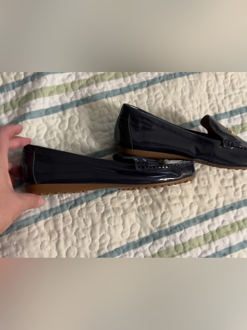 Kate Spade New York Navy Patent Leather Deck Loafers with Gold Logo - Picture 5 of 8